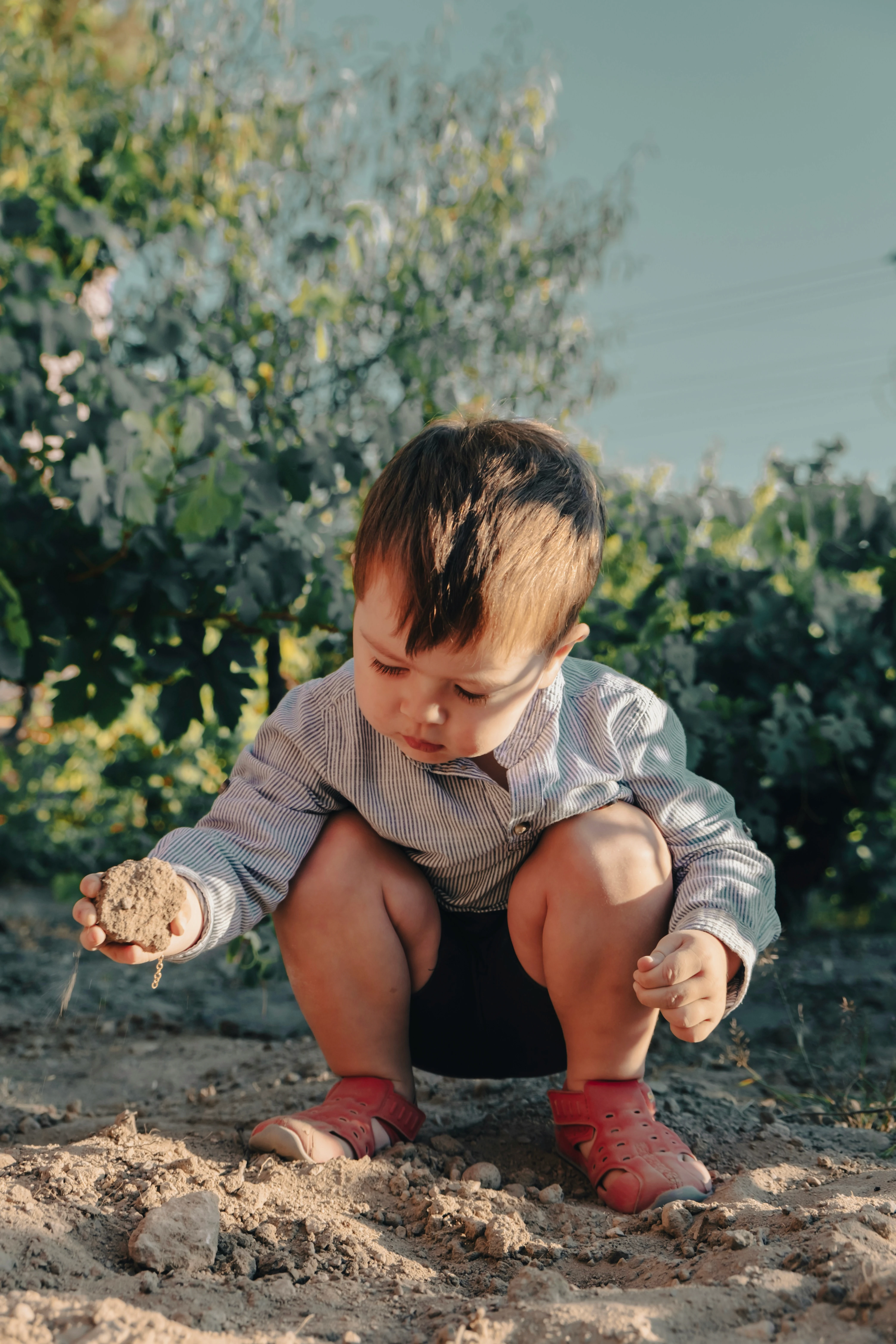 Child playing in dirt, holding rock